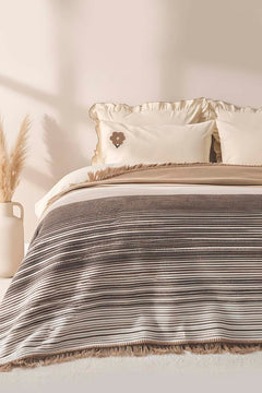 Veloura Beige Double Size Tasseled Throw/Blanket – Extra Soft Cotton Blend, 180x220 cm