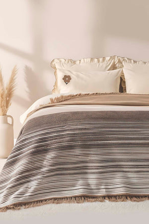 Veloura Beige Double Size Tasseled Throw/Blanket – Extra Soft Cotton Blend, 180x220 cm