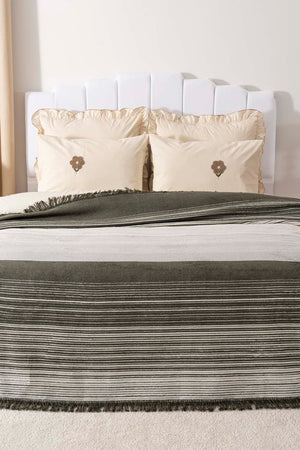 Veloura Khaki Double Size Tasseled Throw/Blanket – Extra Soft Cotton Blend, 180x220 cm