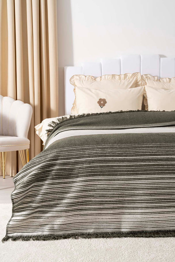 Veloura Khaki Double Size Tasseled Throw/Blanket – Extra Soft Cotton Blend, 180x220 cm