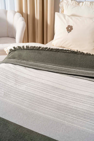 Veloura Khaki Double Size Tasseled Throw/Blanket – Extra Soft Cotton Blend, 180x220 cm