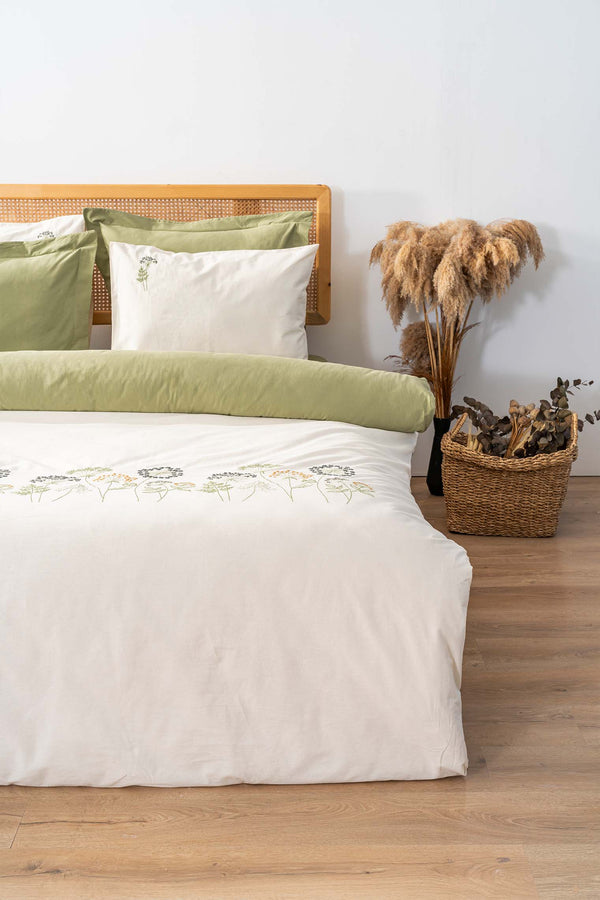 Botanic Green 6-Piece Double Embroidered Duvet Cover Set – 100% Cotton