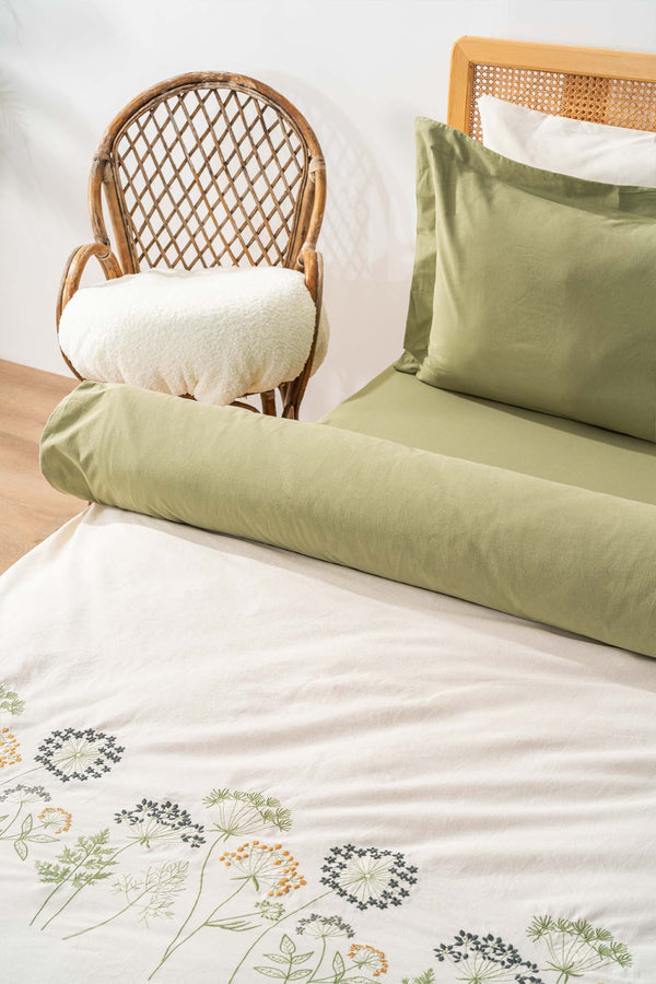 Botanic Green 6-Piece Double Embroidered Duvet Cover Set – 100% Cotton