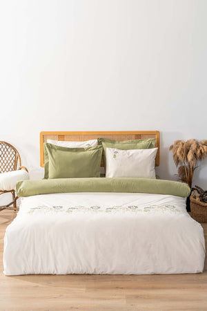 Botanic Green 6-Piece Double Embroidered Duvet Cover Set – 100% Cotton