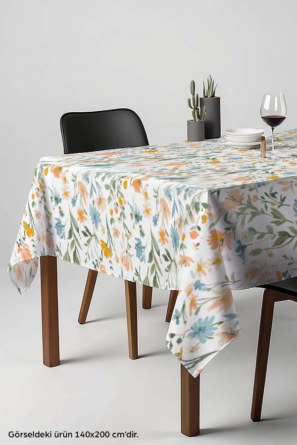 Floral Patterned White Tablecloth, Table Linen, Picnic Cloth