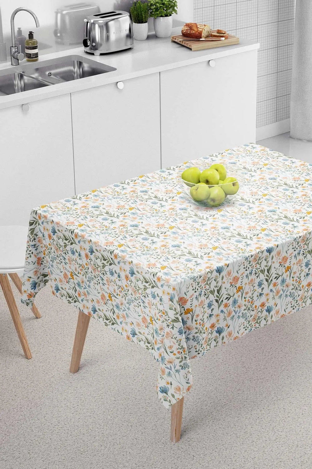 Floral Patterned White Tablecloth, Table Linen, Picnic Cloth