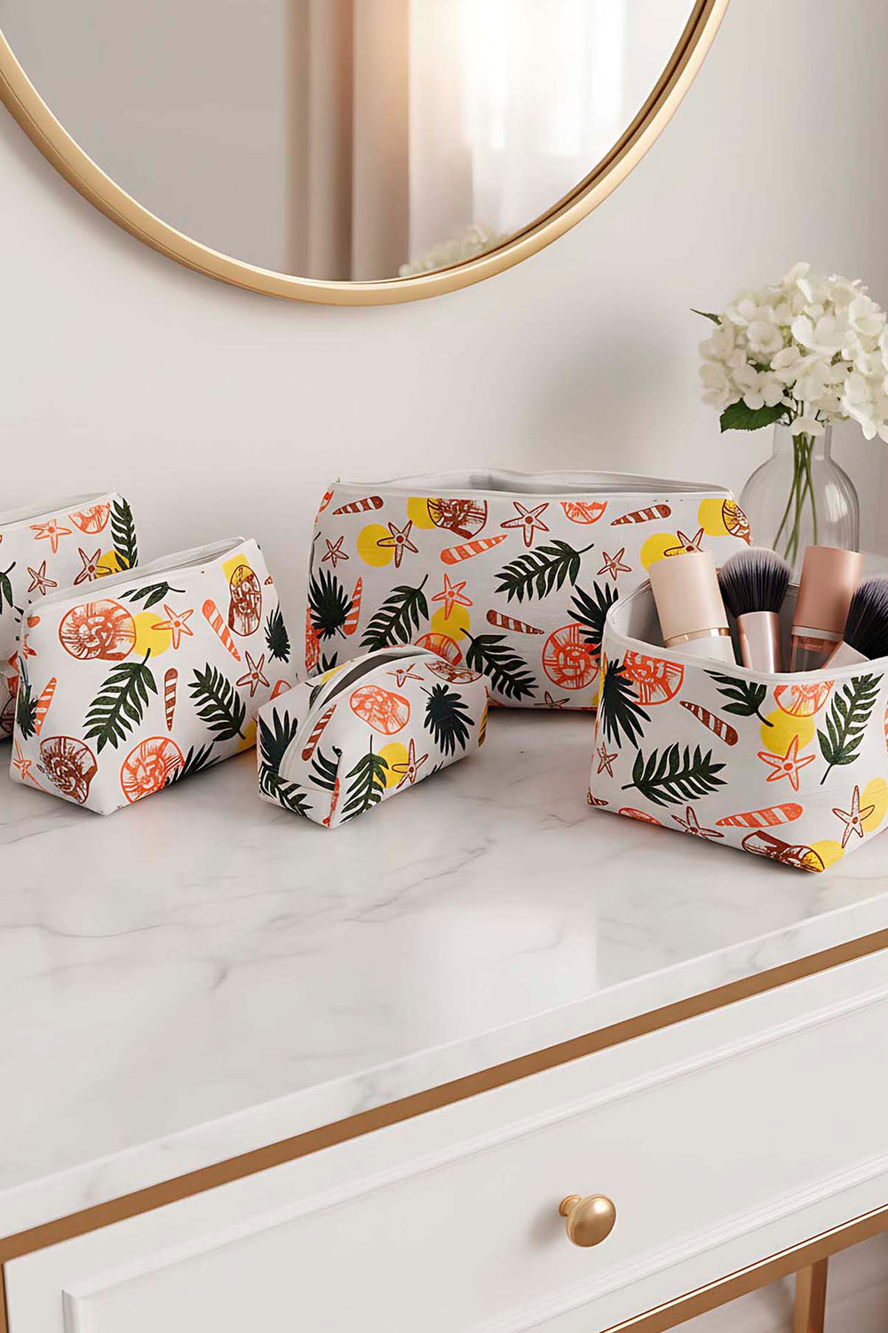 Tropical Patterned 5-Piece Makeup & Accessory Bag Set