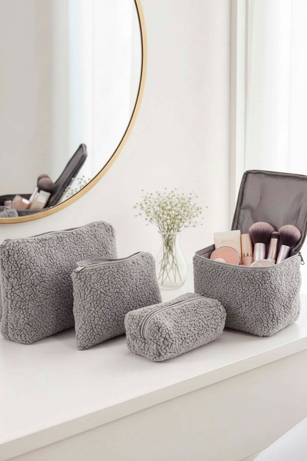 Gray Teddy 4-Piece Makeup & Accessory Bag Set