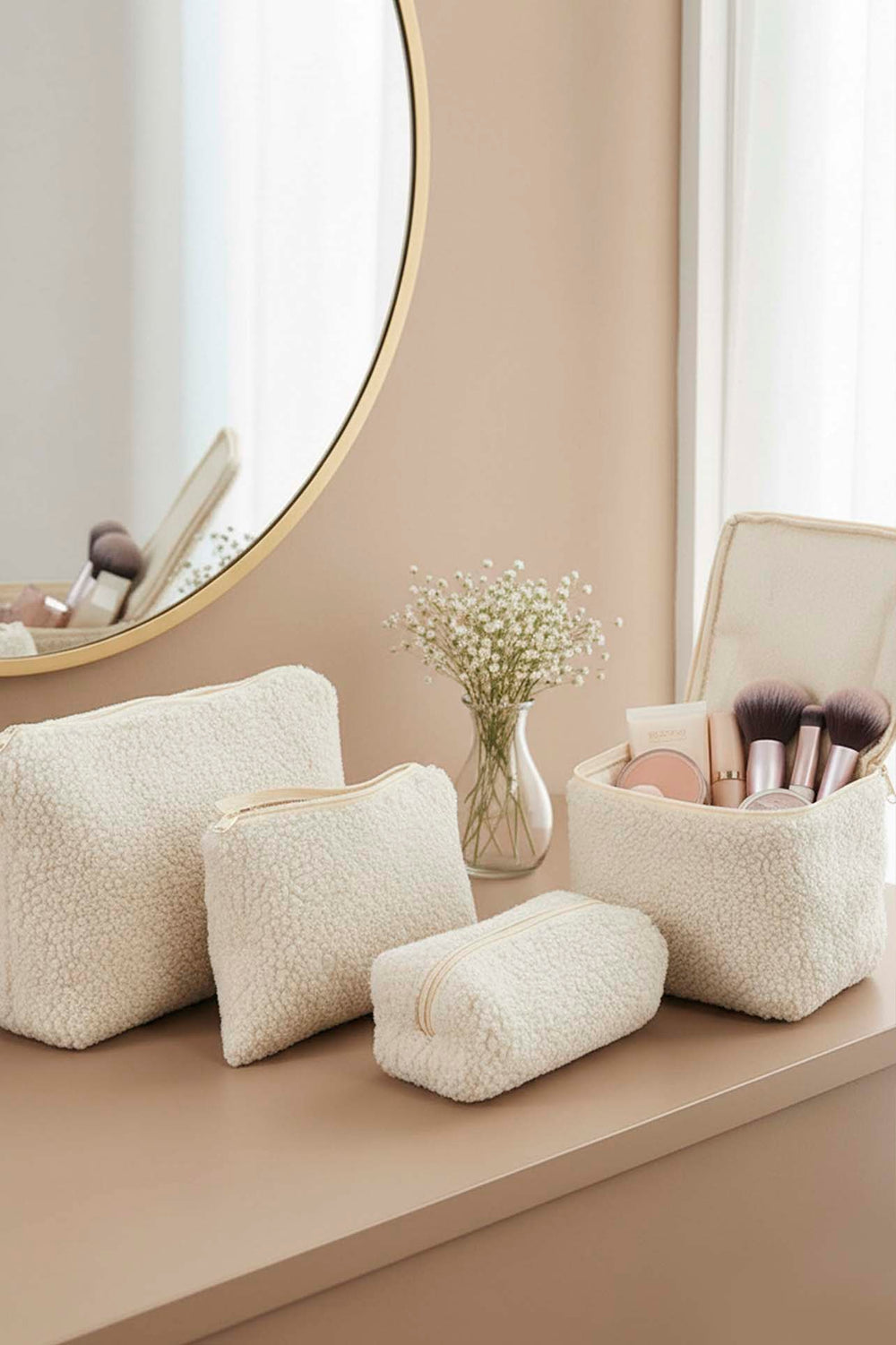 Ecru Teddy 4-Piece Makeup & Accessory Bag Set