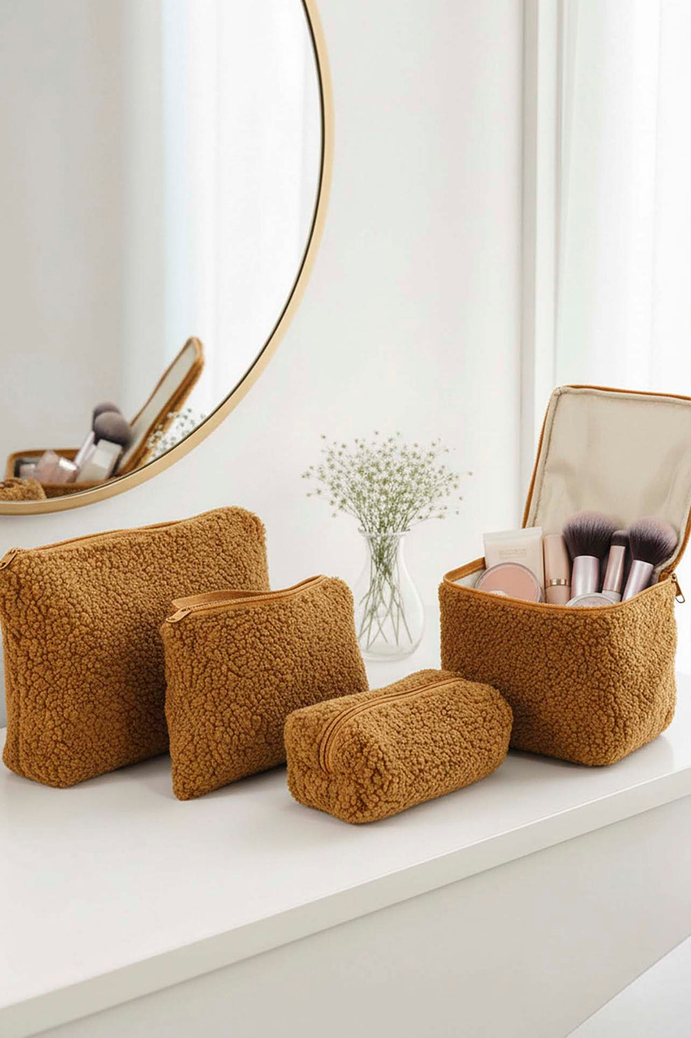 Cinnamon Teddy 4-Piece Makeup & Accessory Bag Set