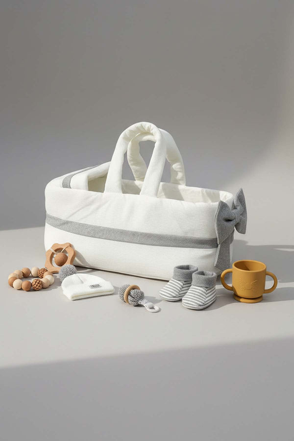 Bow Gray Ribbon Baby Carrier Bag – Stylish & Practical Baby Carrying Bag