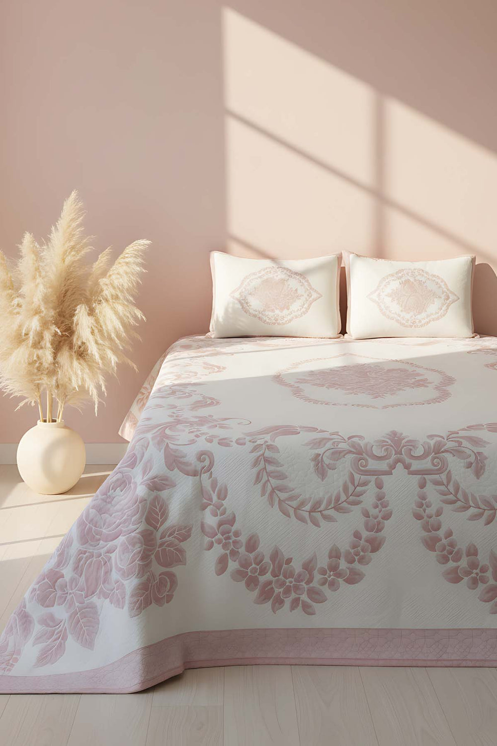 Oxford Blush Pink Double Bedspread Set, 3 Pieces, Soft Touch Fabric, Modern Design