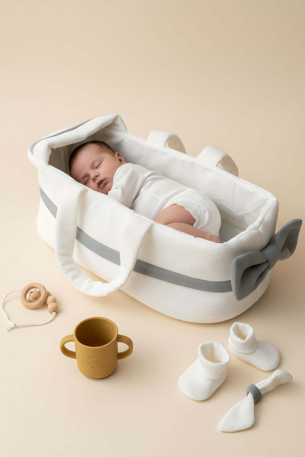 Bow Gray Ribbon Baby Carrier Bag – Stylish & Practical Baby Carrying Bag