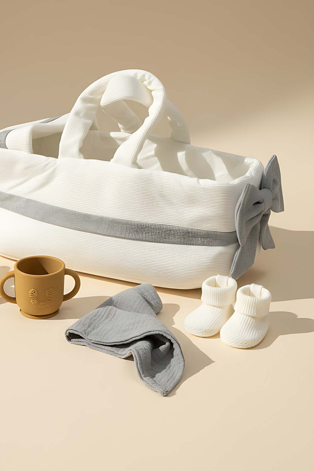 Bow Gray Ribbon Baby Carrier Bag – Stylish & Practical Baby Carrying Bag