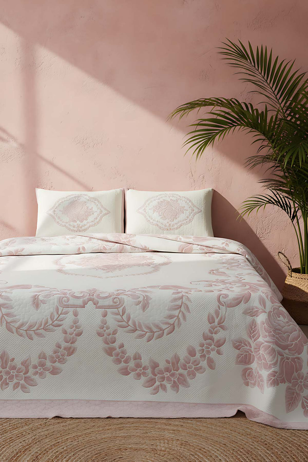 Oxford Blush Pink Double Bedspread Set, 3 Pieces, Soft Touch Fabric, Modern Design