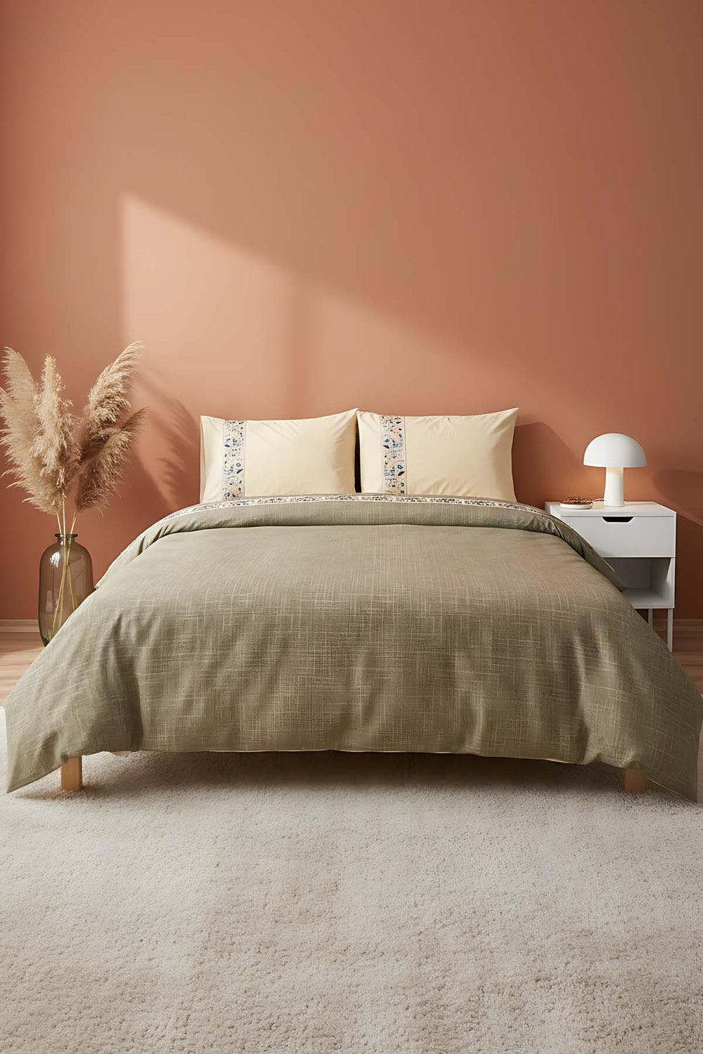 Folkart Beige Double Patterned 100% Cotton Duvet Cover Set – 4 Pieces