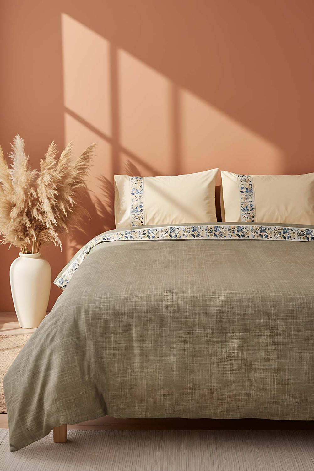 Folkart Beige Double Patterned 100% Cotton Duvet Cover Set – 4 Pieces