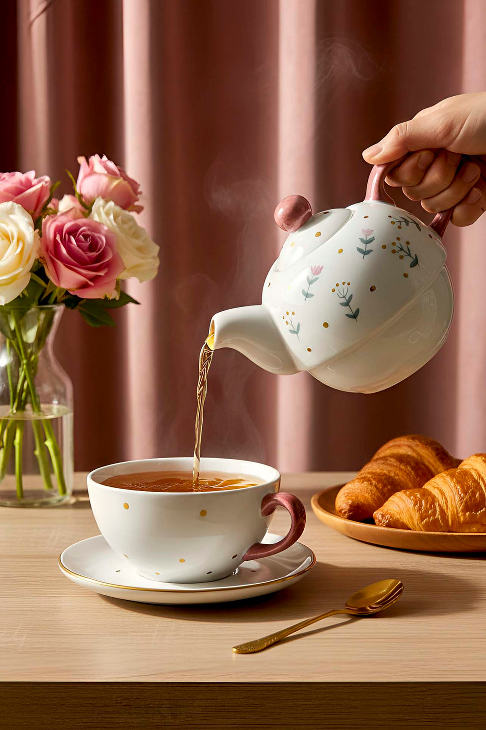 Pink Flower Amore 4-Piece Tea-for-One Set – Handmade Ceramic Teapot, Cup & Saucer Set, 600 ml