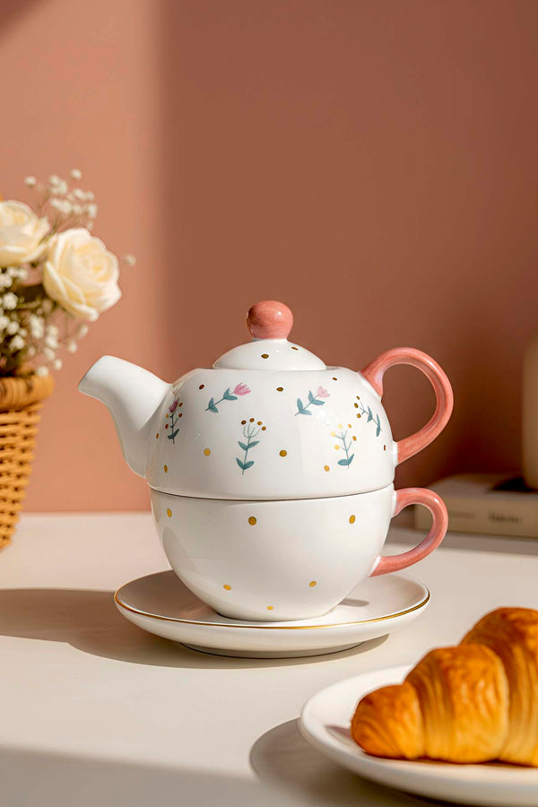 Pink Flower Amore 4-Piece Tea-for-One Set – Handmade Ceramic Teapot, Cup & Saucer Set, 600 ml