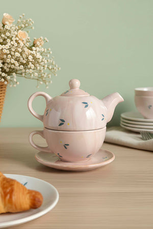 Lemon Blossom Amore 4-Piece Tea-for-One Set – Handmade Ceramic Teapot, Cup & Saucer Set, 600 ml