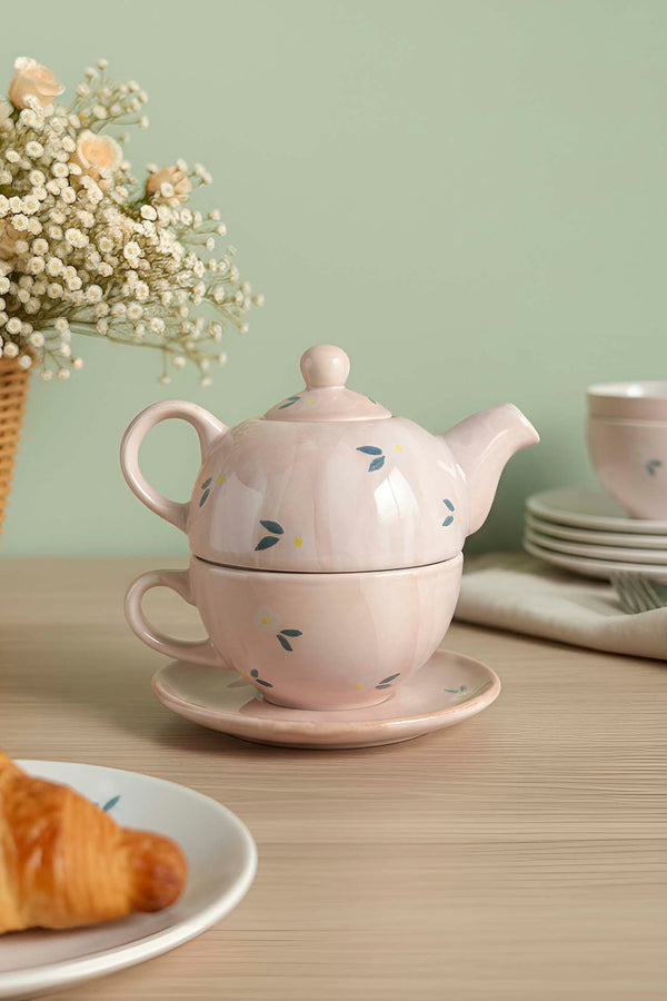 Lemon Blossom Amore 4-Piece Tea-for-One Set – Handmade Ceramic Teapot, Cup & Saucer Set, 600 ml
