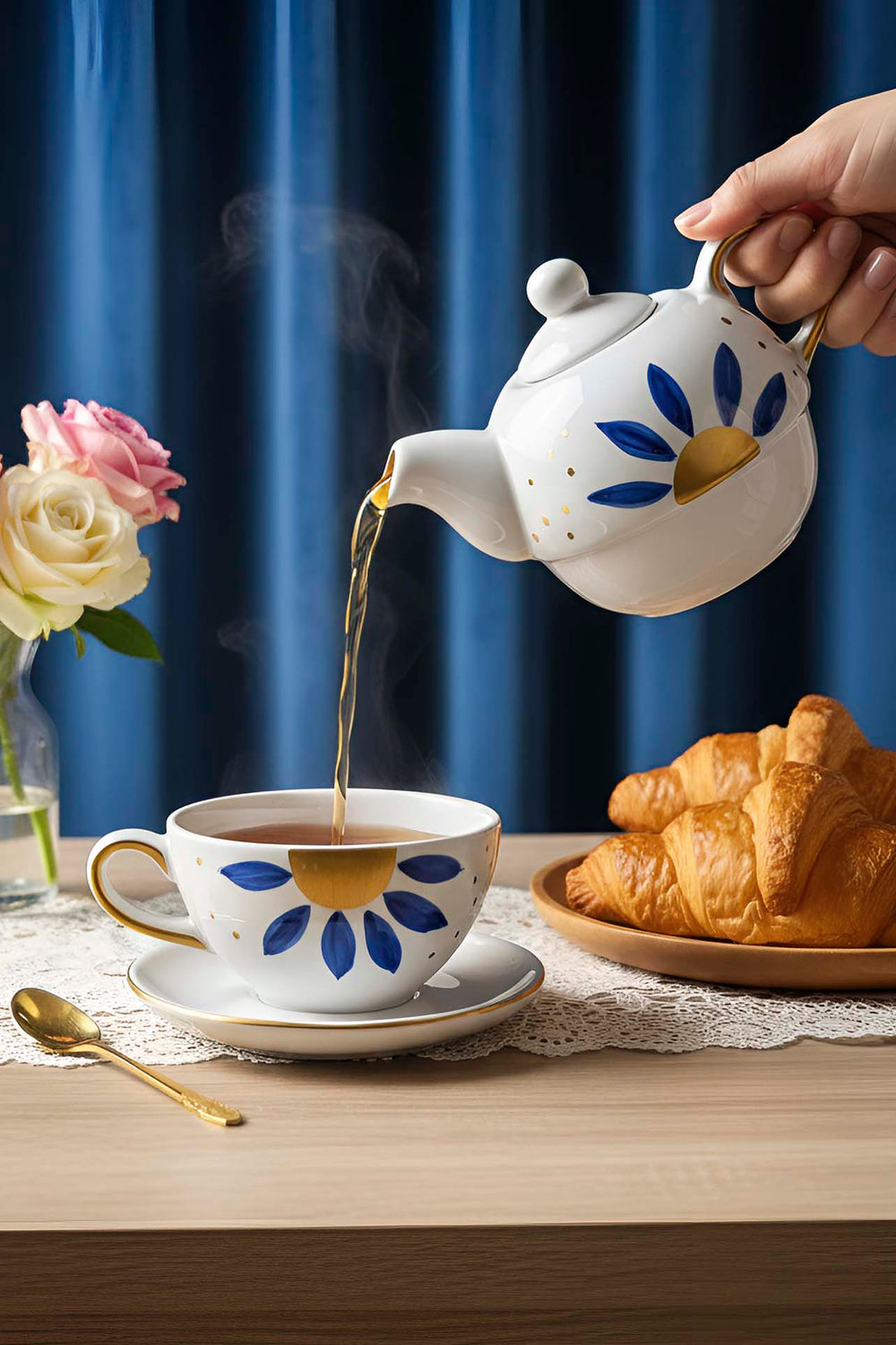 Evil Eye Flower Amore 4-Piece Tea-for-One Set – Handmade Ceramic Teapot, Cup & Saucer Set, 600 ml