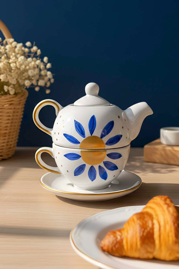 Evil Eye Flower Amore 4-Piece Tea-for-One Set – Handmade Ceramic Teapot, Cup & Saucer Set, 600 ml