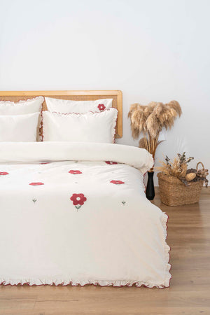 Florita Cherry 100% Cotton Embroidered Duvet Cover Set, 6-Piece Double Size Bedding – Breathable Fabric, 200x220 cm