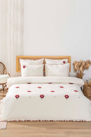 Florita Cherry 100% Cotton Embroidered Duvet Cover Set, 6-Piece Double Size Bedding – Breathable Fabric, 200x220 cm