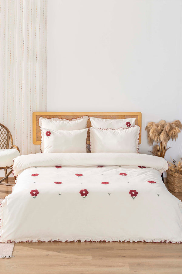 Florita Cherry 100% Cotton Embroidered Duvet Cover Set, 6-Piece Double Size Bedding – Breathable Fabric, 200x220 cm