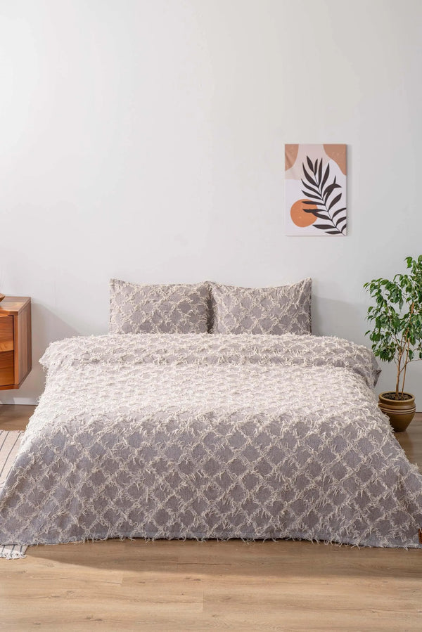 Ferly Tasselled Gray Double Jacquard Deluxe Bedding Set 3 Pieces Bedspread Set