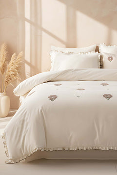 Florita Beige 100% Cotton Embroidered Duvet Cover Set, 6-Piece Double Size Bedding – Breathable Fabric, 200x220 cm