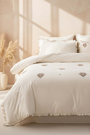 Florita Beige Embroidered Double Bedding Set – 100% Cotton