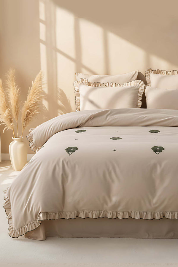 Florita Cappuccino Double Bed Embroidered Duvet Cover Set & Wedding Set 100% Cotton