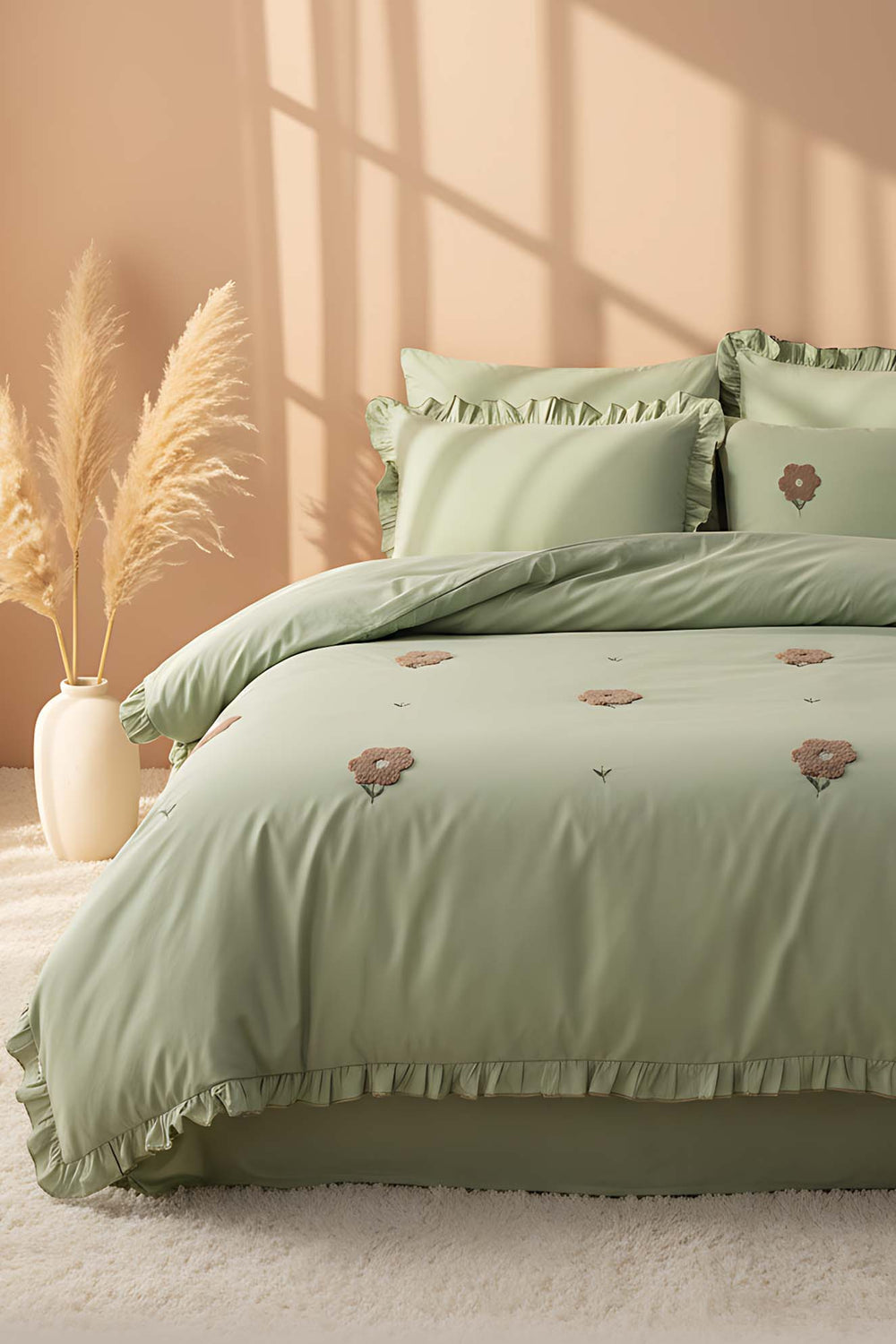Florita Green Double Embroidered Duvet Cover Set & Dowry Set 100% Cotton