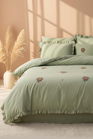 Florita Green Double Embroidered Duvet Cover Set & Dowry Set 100% Cotton