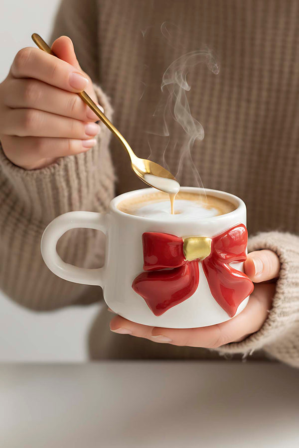 Ribbon Amore Double Coffee Mug Set – Handmade Ceramic Handleless Cup Set with 24K Gold, Christmas Gift, 180 ml