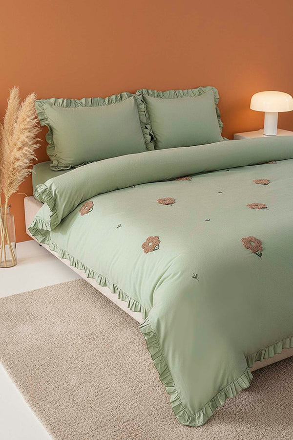 Florita Green Double Embroidered 100% Cotton Duvet Cover Set – 4 Pieces