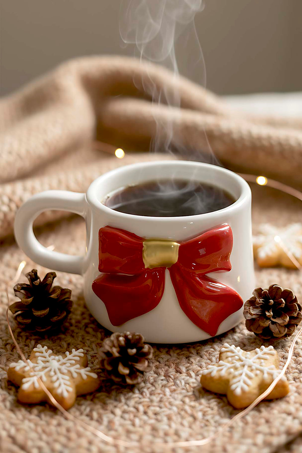 Ribbon Amore Double Coffee Mug Set – Handmade Ceramic Handleless Cup Set with 24K Gold, Christmas Gift, 180 ml