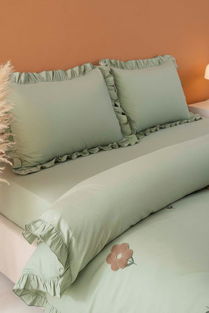 Florita Green Double Embroidered 100% Cotton Duvet Cover Set – 4 Pieces