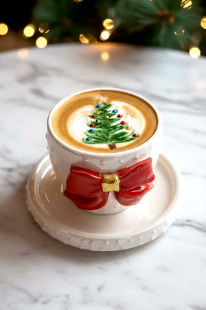 Ribbon Amore Double Coffee Mug – Handmade Ceramic Cup with 24K Gold, Christmas Gift, 180 ml