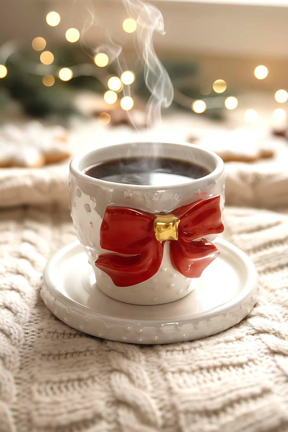 Ribbon Amore Double Coffee Mug – Handmade Ceramic Cup with 24K Gold, Christmas Gift, 180 ml