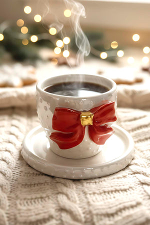 Ribbon Amore Double Coffee Mug – Handmade Ceramic Cup with 24K Gold, Christmas Gift, 180 ml