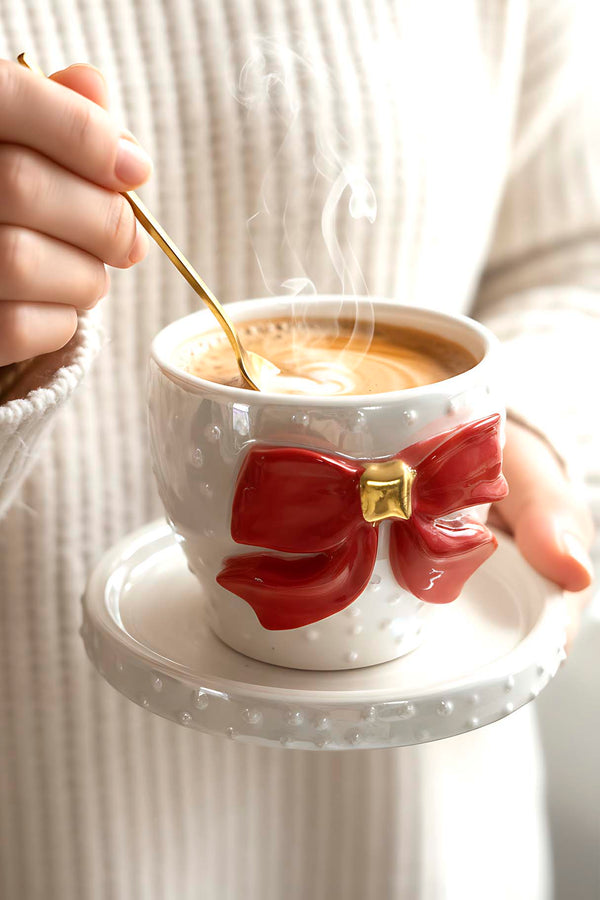 Ribbon Amore Double Coffee Mug – Handmade Ceramic Cup with 24K Gold, Christmas Gift, 180 ml