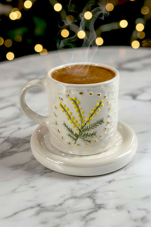 Yellow Kokina Amore Double Mug Set – Handmade Ceramic Espresso Cups, 24K Gold, 100 ml