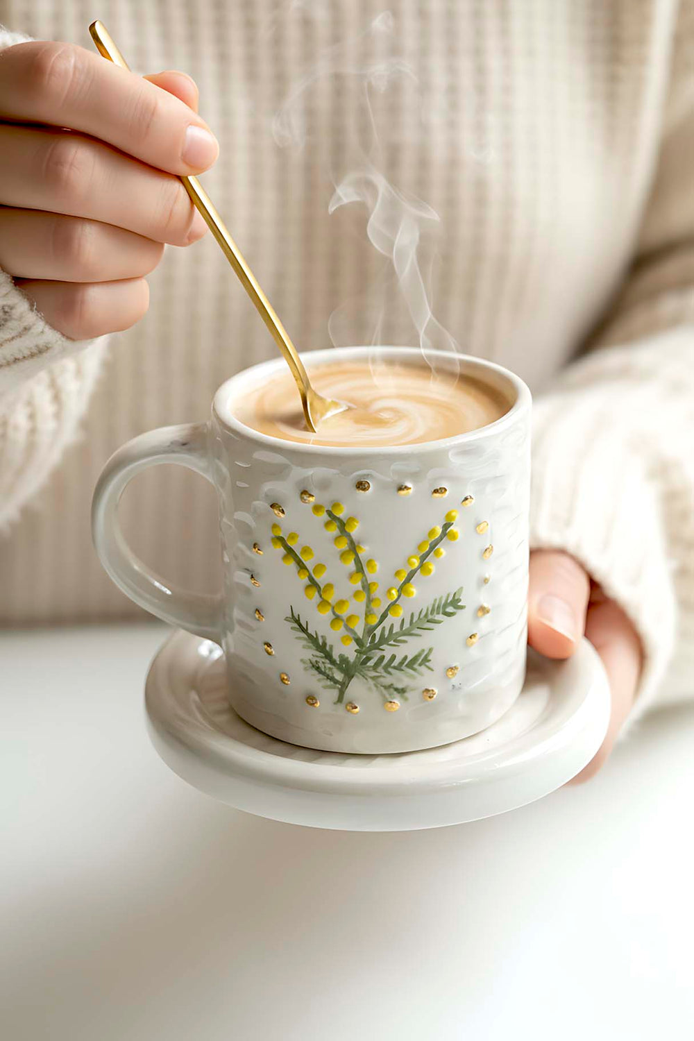 Yellow Kokina Amore Double Mug Set – Handmade Ceramic Espresso Cups, 24K Gold, 100 ml