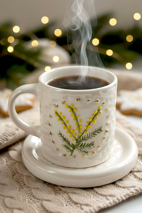 Yellow Kokina Amore Double Mug Set – Handmade Ceramic Espresso Cups, 24K Gold, 100 ml