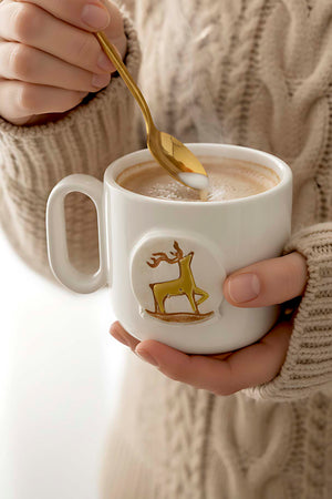 Deer Amore Double Coffee Mug – Handmade Ceramic Cup with 24K Gold, Christmas Gift, 180 ml