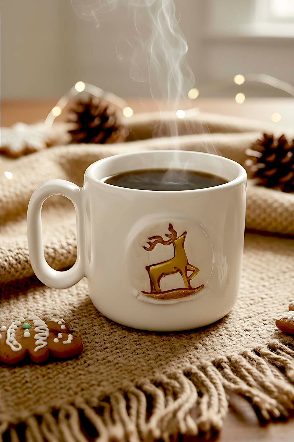 Deer Amore Double Coffee Mug – Handmade Ceramic Cup with 24K Gold, Christmas Gift, 180 ml