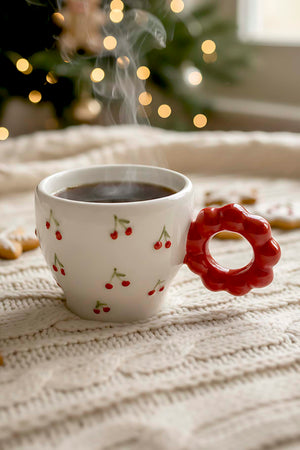 Cherry Amore Double Coffee Mug – Handmade Ceramic Espresso Cup, Christmas/New Year Gift, 100 ml